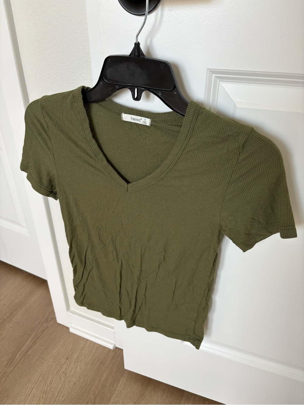 Timing Olive Green Ribbed V-Neck Short Sleeve Tee - Juniors